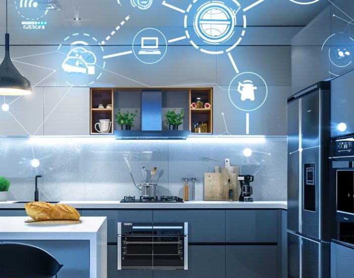 a high quality photo of a smart home kitchen…